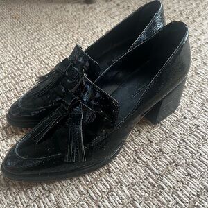 Rebecca Minkoff "Edie" Loafers Black Patent Leather With Tassel and Block Heel